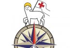lamb with yellow crown and flag on top of a compass