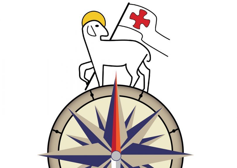 lamb with yellow crown and flag on top of a compass