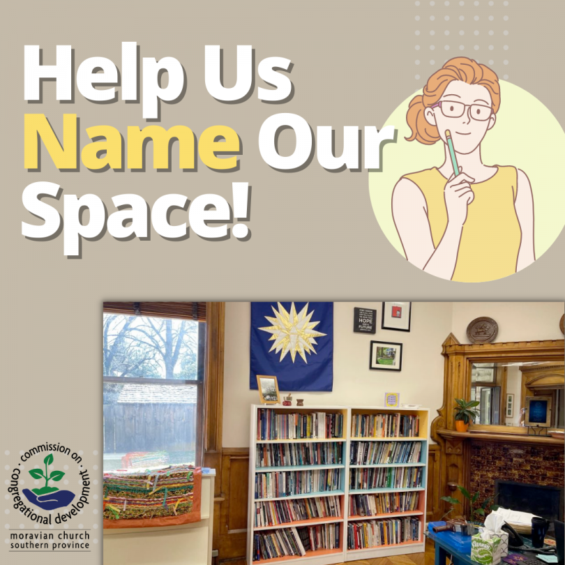 Name our space graphic. Drawing of a woman thinking and a picture of the space at the bottom.