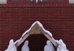 Nativity scene outside church in winter