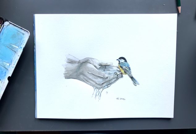 watercolor painting, hands holding water with bird
