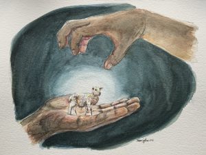 watercolor of hands and lamb