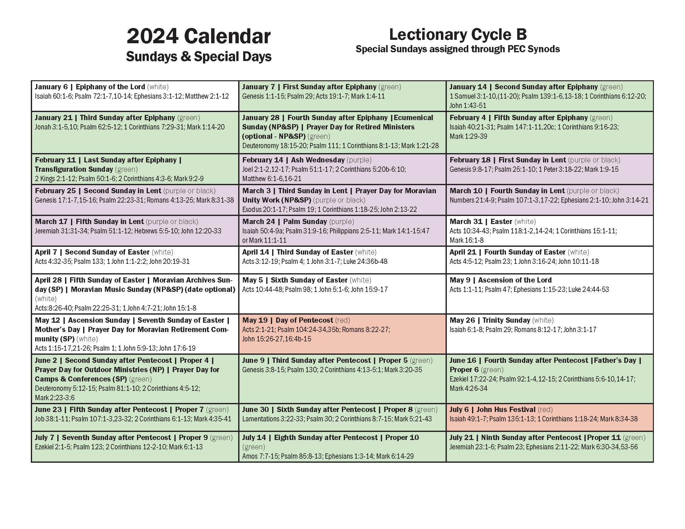2024 Lectionary Calendar  Moravian Church In America